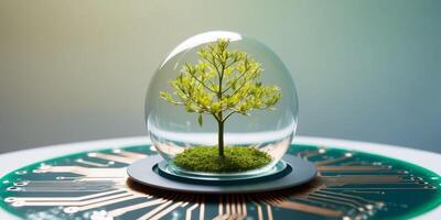 A Green Tree Encased in a Glass Sphere Resting on a Circuit Board. photo