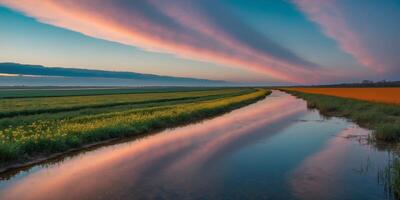 Sky on cozy field blowing river colors field rolling reflected free colors bloom horizon rolling illuminating shore river lake surface rolling. photo