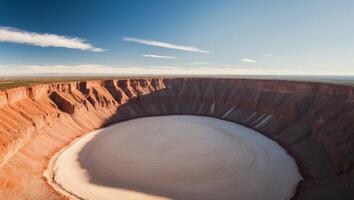 Aerial view of a massive crater in a desert landscape during clear daylight. photo