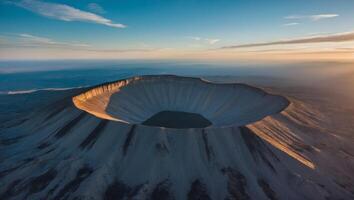 Aerial view of Earth's surface with a large crater illuminated by sunlight during dawn. photo