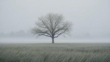 A solitary tree in a field of tall grass Foggy background. photo