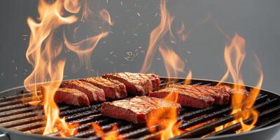 Sizzling beef on grill featuring fiery flames enhancing the grilling process for flavorful results. photo