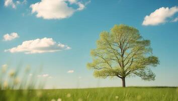 A tree stands tall in a green meadow under a clear blue sky adorned with fluffy white clouds. photo