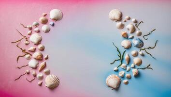 A pink and blue background with seashells on both sides of the image. photo