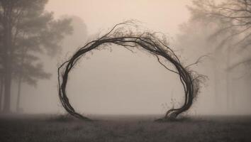Mysterious arch made of twisted branches in a foggy forest at dawn. photo