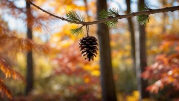 Lone pine cone hanging from tree branch in autumn forest. photo