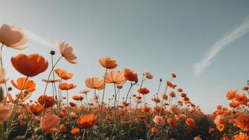 An orange flower field bathed in sunlight during midday. photo