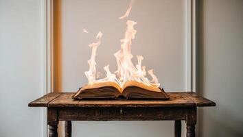 A mystical book engulfed in flames on an ancient wooden table. photo