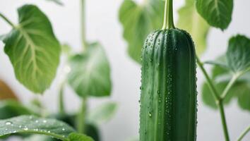 A tight shot of a cucumber with dew on its leaves Background includes more cucumber leaves. photo