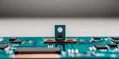 a close up of a circuit board with a keyhole on it. photo