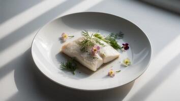 Seared White Fish with Dill and Edible Flowers. photo