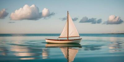 A small boat floats peacefully on calm turquoise waters during t. photo