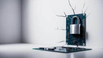 A Padlock Embedded in a Fractured Circuit Board. photo