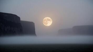 Silhouettes of Tall Cliffs with a Full Moon in a Foggy Landscape. photo