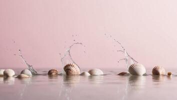 Pink background with seashells and water splashing. photo