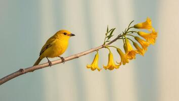 A yellow bird perches on a tree branch adjacent to one adorned with yellow flowers. photo