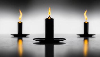 A black candle with a yellow flame on a dark background reflects the candle's image perfectly in the middle of the frame. photo
