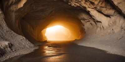 A Cave Entrance Illuminated by Golden Light. photo