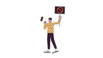 Middle eastern man with megaphone cartoon animation. Street protest 4K motion graphic. Male activist with loudspeaker and protest sign animated 2D character isolated on white background video