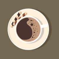 Cup of coffee with dessert on a saucer. Top view. vector