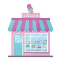Pastry shop building icon with various sweets on the display window. Pastry business concept. vector