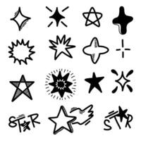 Set of hand drawn light, star and sparkle effect drawing illustrations in doodle style. vector
