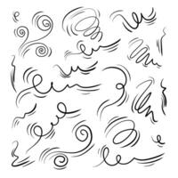 Doodle wind line sketch set. Hand drawn doodle wind movement, air blowing, vortex elements. Sketch of air blowing movement, abstract lines. vector