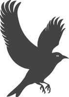 A minimalist black silhouette of a bird in flight. The bird wings are spread wide, with feather details stylized in a way that suggests movement. vector