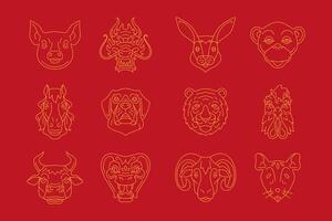 Chinese New Year characters head prosperity monochrome line icon set illustration vector