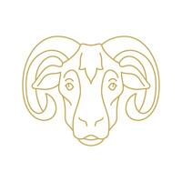 Goat muzzle with curved horns monochrome golden line icon illustration. Sheep ram head vector