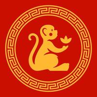 Monkey with flower Chinese New Year circle frame antique ornament monochrome icon flat vector