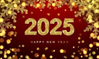 Christmas banner with snowflakes and numbers 2025. Gold glitter and bright bokeh. 3D realistic illustration on red background. . vector