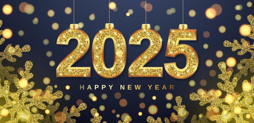 Christmas banner with snowflakes and numbers 2025. Gold glitter and bright bokeh. 3D realistic illustration blue background. .