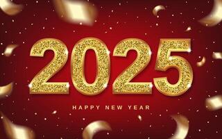 Christmas 2025 numbers sparkle with gold, ribbons and swirling confetti. symbol with soft shadow. 3D realistic illustration. Red background. . vector