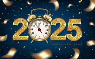 Christmas numbers 2025 with golden alarm clock, arrows point to New Year - concept. Confetti gold. 3D realistic illustration. Blue background. . vector