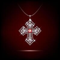 Religious cross sparkling diamonds with a ruby pendant chain. Realistic on a dark blue background vector