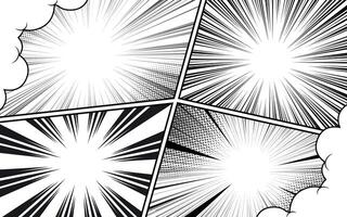 Collection of comic book page templates. Black and white retro pop art frame for superhero story with action lines and dots effect. vector