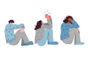 Mental disoder. Young people sitting on the floor. vector