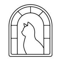 Cat Silhouette in Arched Window Frame Line Art Style vector