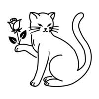 Cat Holding a Rose in its Paw Line Art Style vector