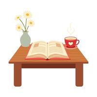 Cozy Reading with Book, Tea, and Flowers vector