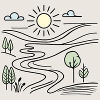 Minimalist illustration of a sunny landscape with a wavy river, trees and clouds. Modern design elements and a tranquil natural scenery perfect for backgrounds, wallpapers and vector