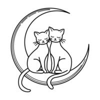 Two Cats Sitting on a Crescent Moon Line Art Style vector