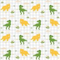 Seamless plaid pattern with cute dino, dinosaur T Rex, Tyrannosaurus and Triceratops with clouds and bushes, abstract children background vector