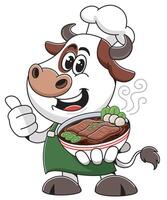 A cartoon cow holding a bowl of beef stew vector