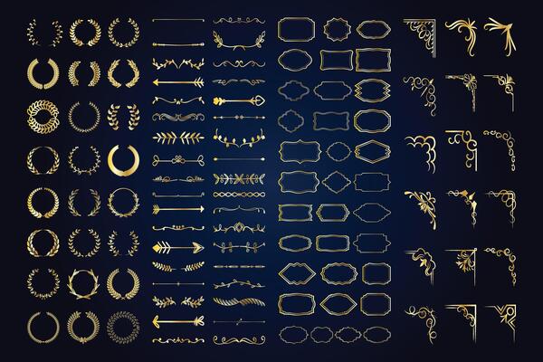 Vintage calligraphic elements. Decorative frames, flourish dividers, borders. Beautiful swirls, sinks decorated with motifs and scrolls. Circle, square and rectangular frames for cards