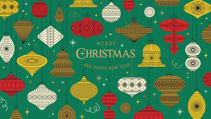 Elegant vintage Christmas poster with ornaments, stars, and bells on a green background. Perfect for holiday cards, decorations, and festive designs