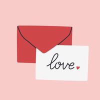 Simple Valentines Day card with red envelope. Flat hearts hand drawn doodle. Simple, minimalistic, holiday card. vector