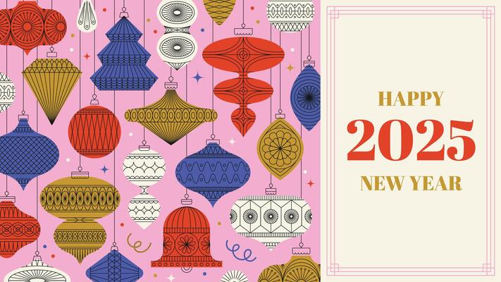 Bright New Year 2025 design with colorful vintage ornaments on a pink background. Perfect for festive greeting cards, invitations, and holiday decor.