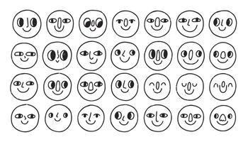 Doodle face set. Abstract comic smiling faces. Crayon drawing style. Different characters. Cartoon style. Flat design. Hand drawn trendy illustration. vector